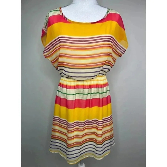 Jella Couture Bright Colors Striped Blouson Cap Sleeve Dress - Large - Picture 1 of 11